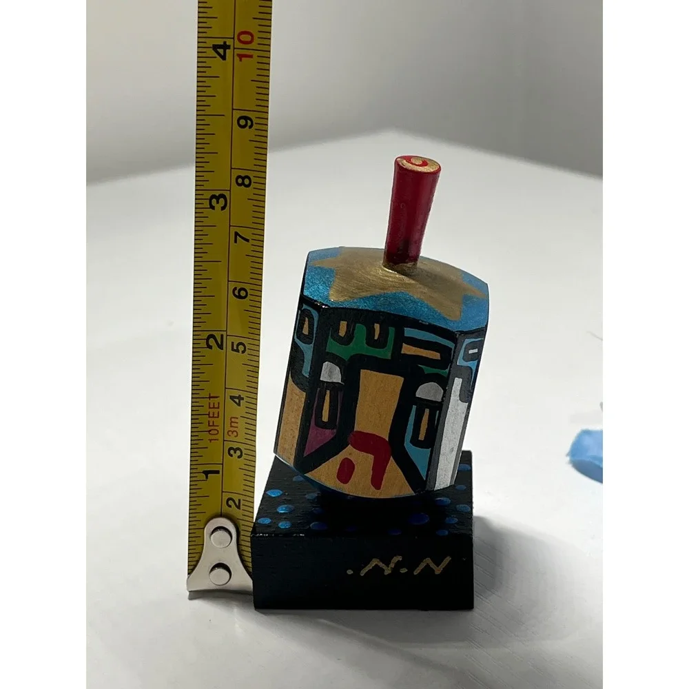 Hand Painted Wooden Dreidel Signed NN Judaica Folk Art Collectible Display Stand